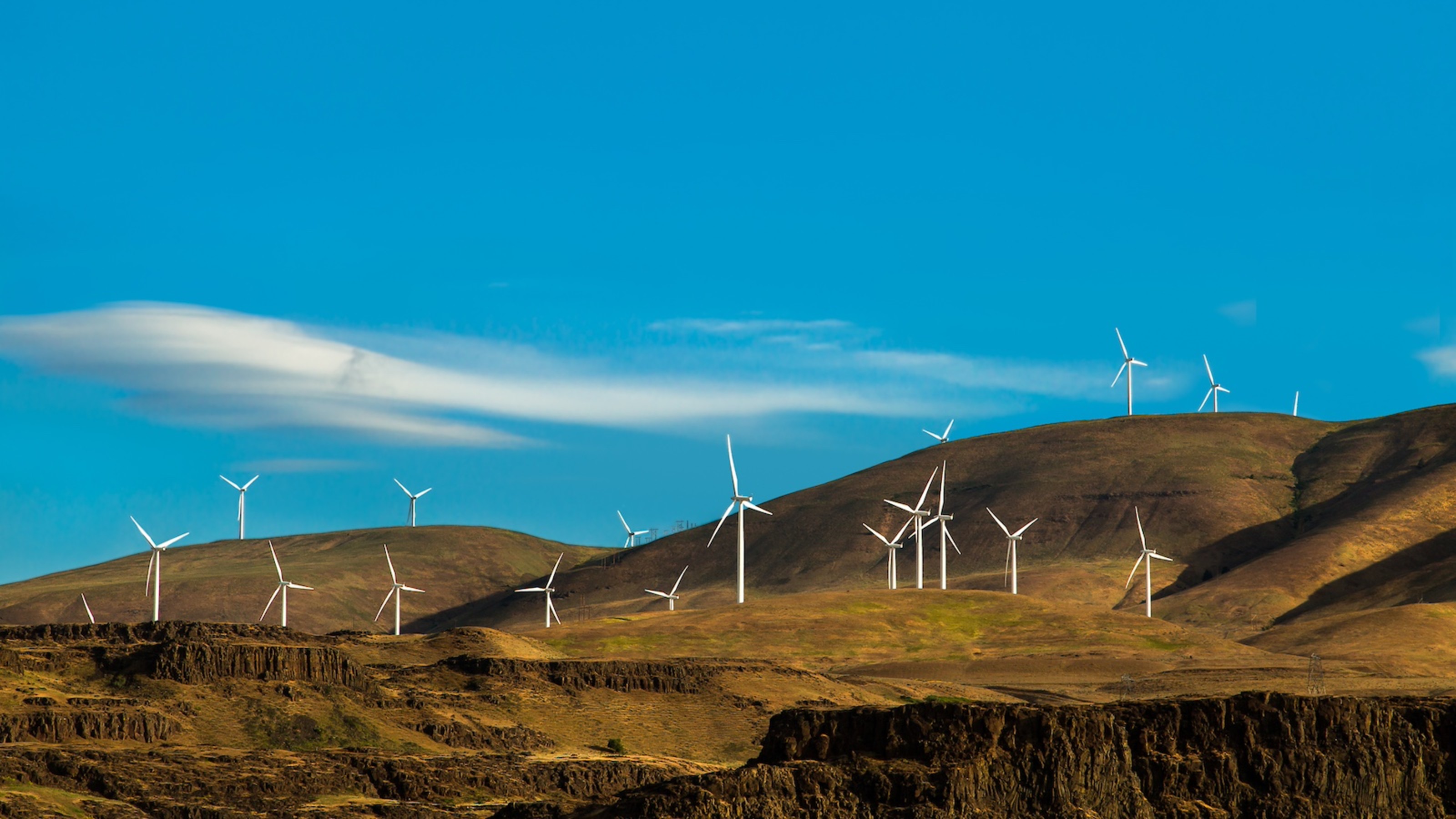 Wind turbines on grassy hills under a clear blue sky.