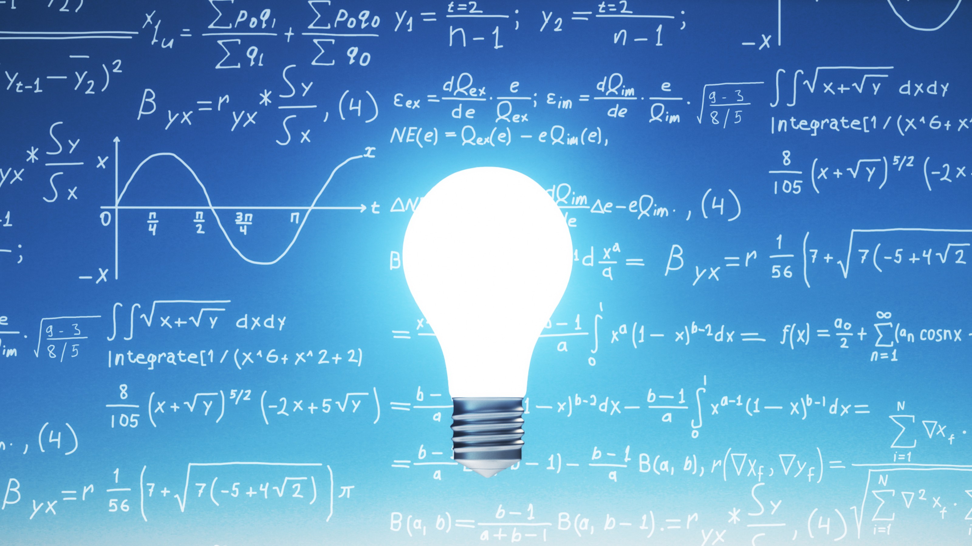 A glowing light bulb is in the center of the image, surrounded by various mathematical formulas and equations on a blue background.