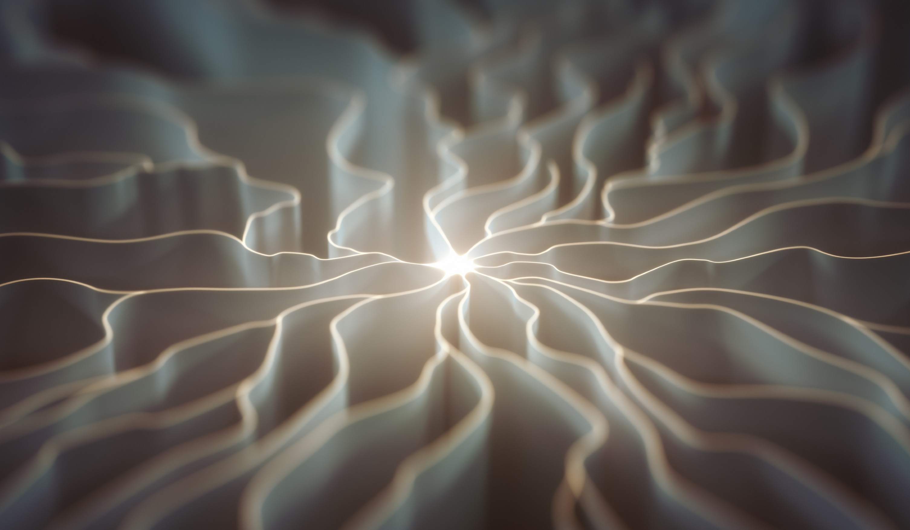 Abstract image featuring glowing lines radiating outward, creating a wave-like, undulating pattern.