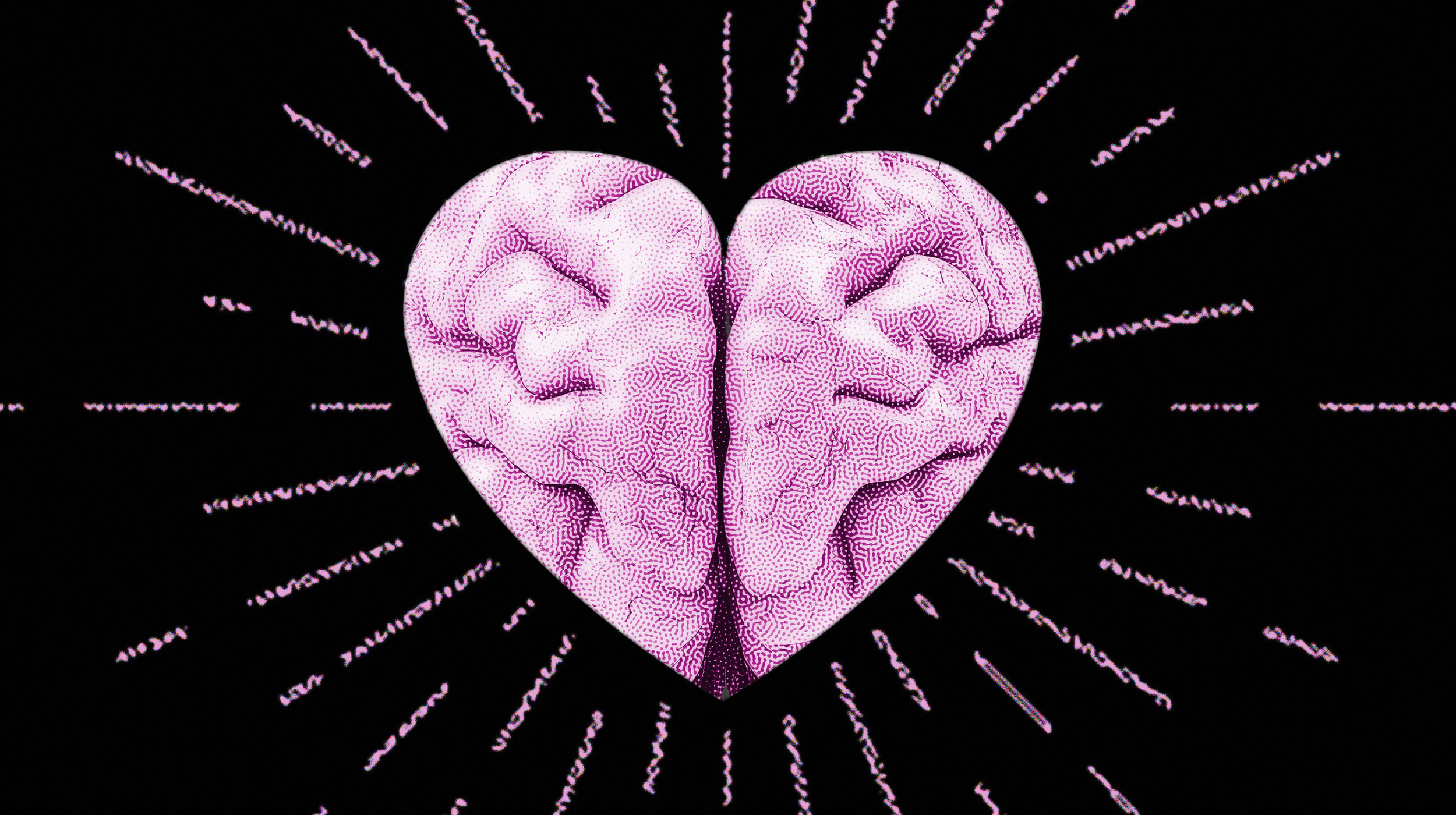 A pink brain shaped like a heart with rays emanating from it against a black background.