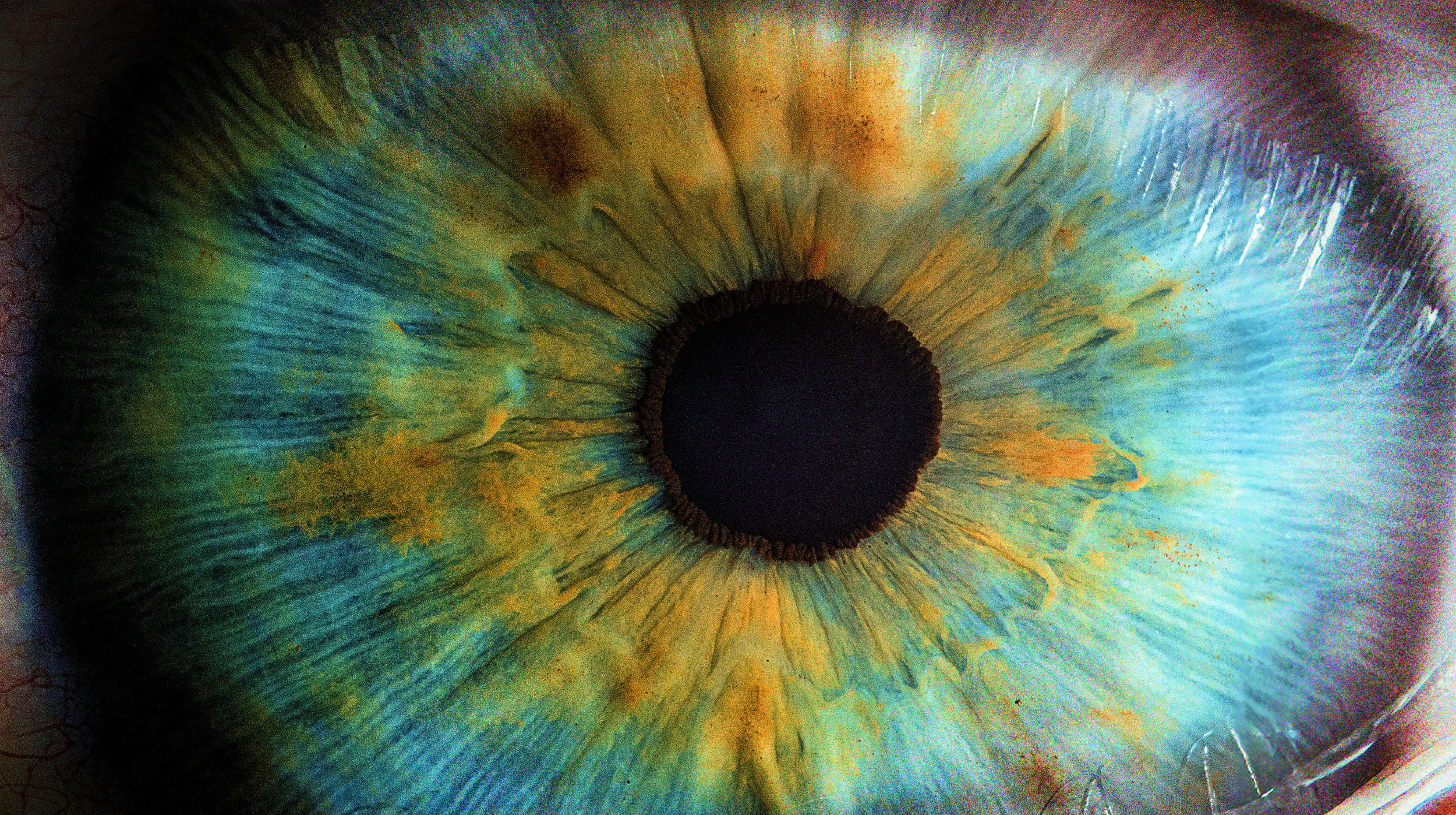 Close-up image of a human iris featuring vibrant blue and yellow hues with a dark pupil in the center.