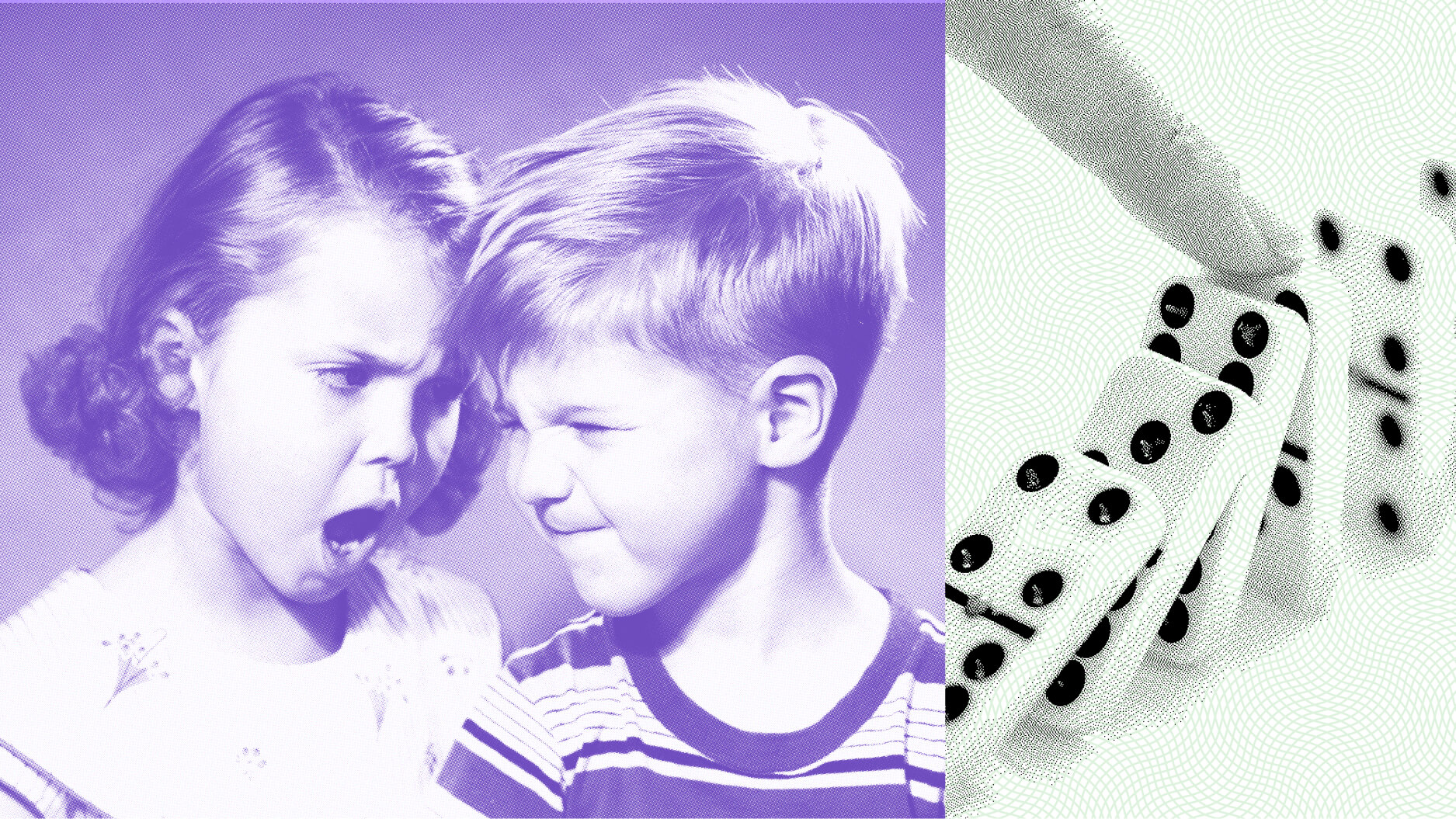 Two children displaying defiance as they make faces at each other on the left; a close-up of fingers holding dominoes on the right.