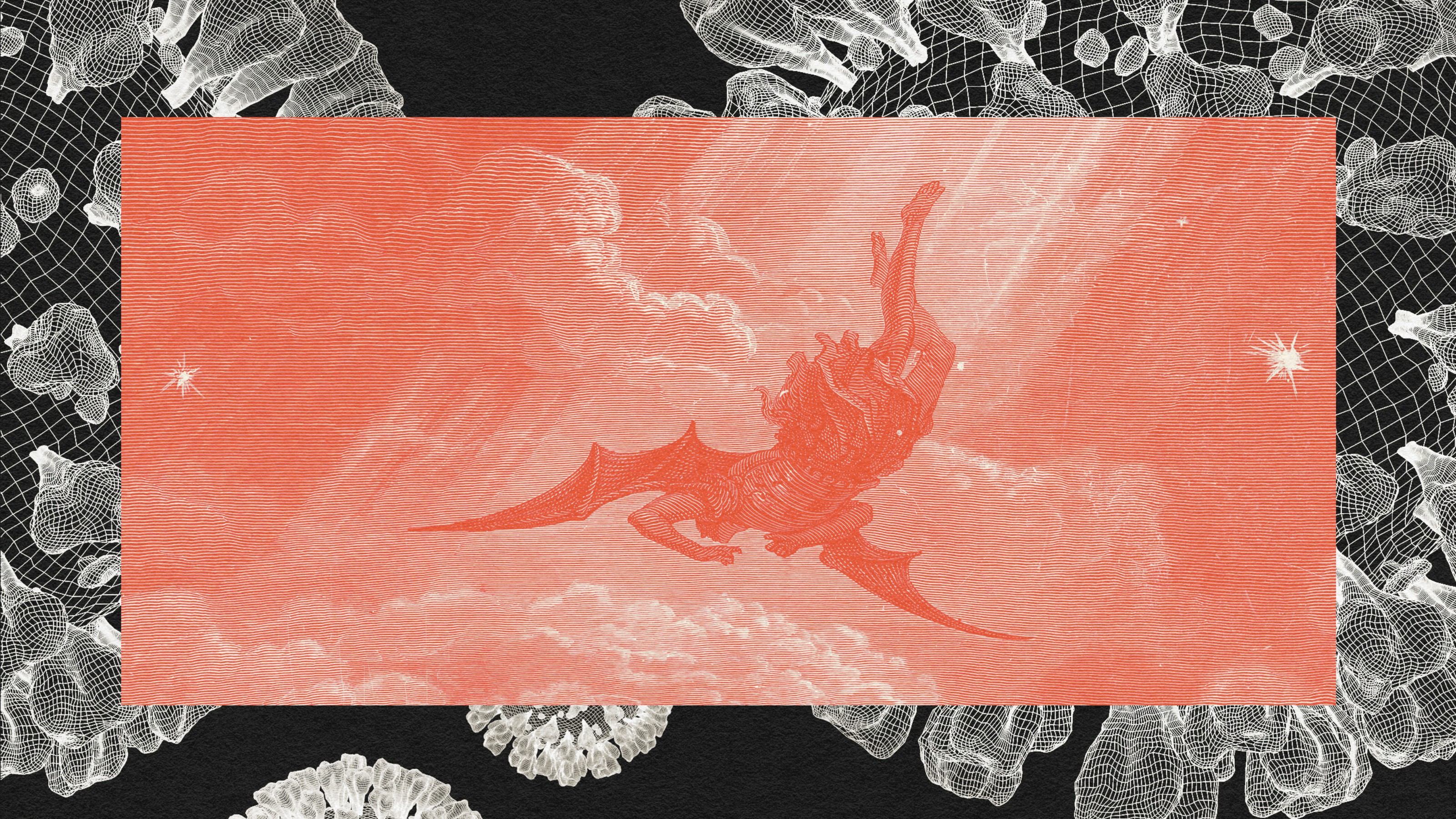 A vintage-style illustration of a winged figure falling through the sky, set against a textured red background, surrounded by intricate black and white abstract patterns.