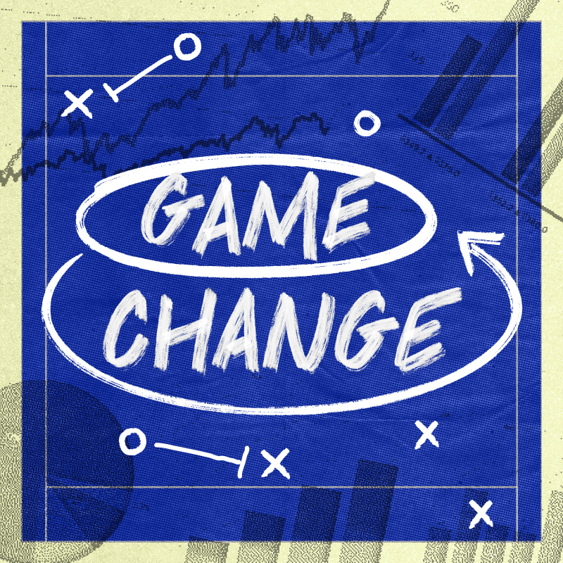 Blue background with the words "Game Change" in white, surrounded by strategic game symbols and graphs in the background.