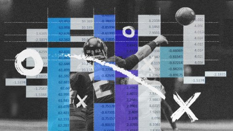 A football player, an OKR genius on the field, throws a ball amid overlaid statistical charts and abstract shapes.