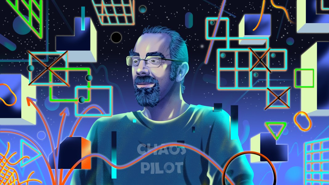 An illustration of a man with glasses in front of a colorful background.