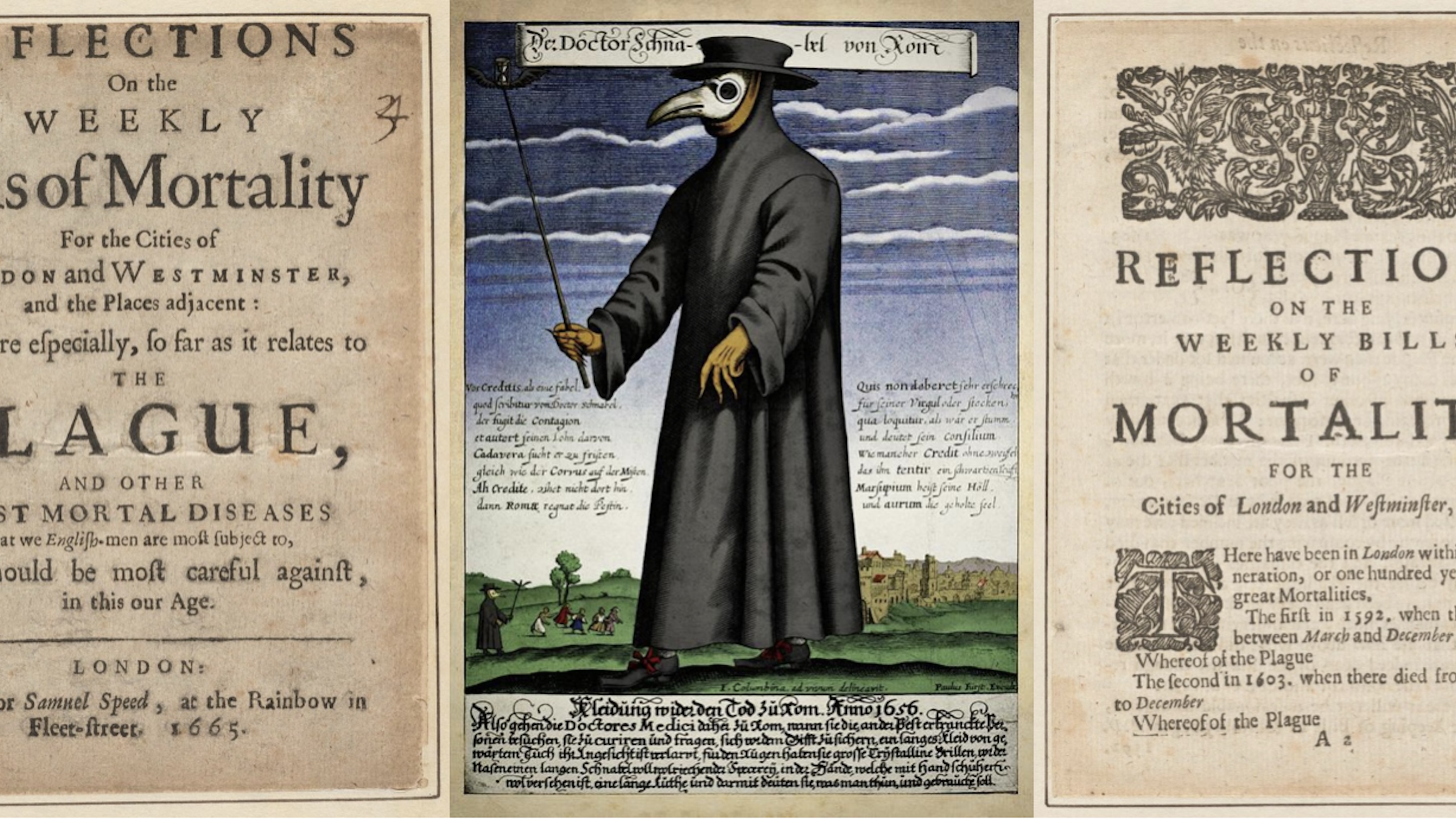 Three historical documents: Two titled "Reflections on the Weekly Bill of Mortality" surround an illustration of a plague doctor in a bird-like mask holding a staff, with a cityscape in the background. The scene captures the dark brilliance of an era grappling with mortality.