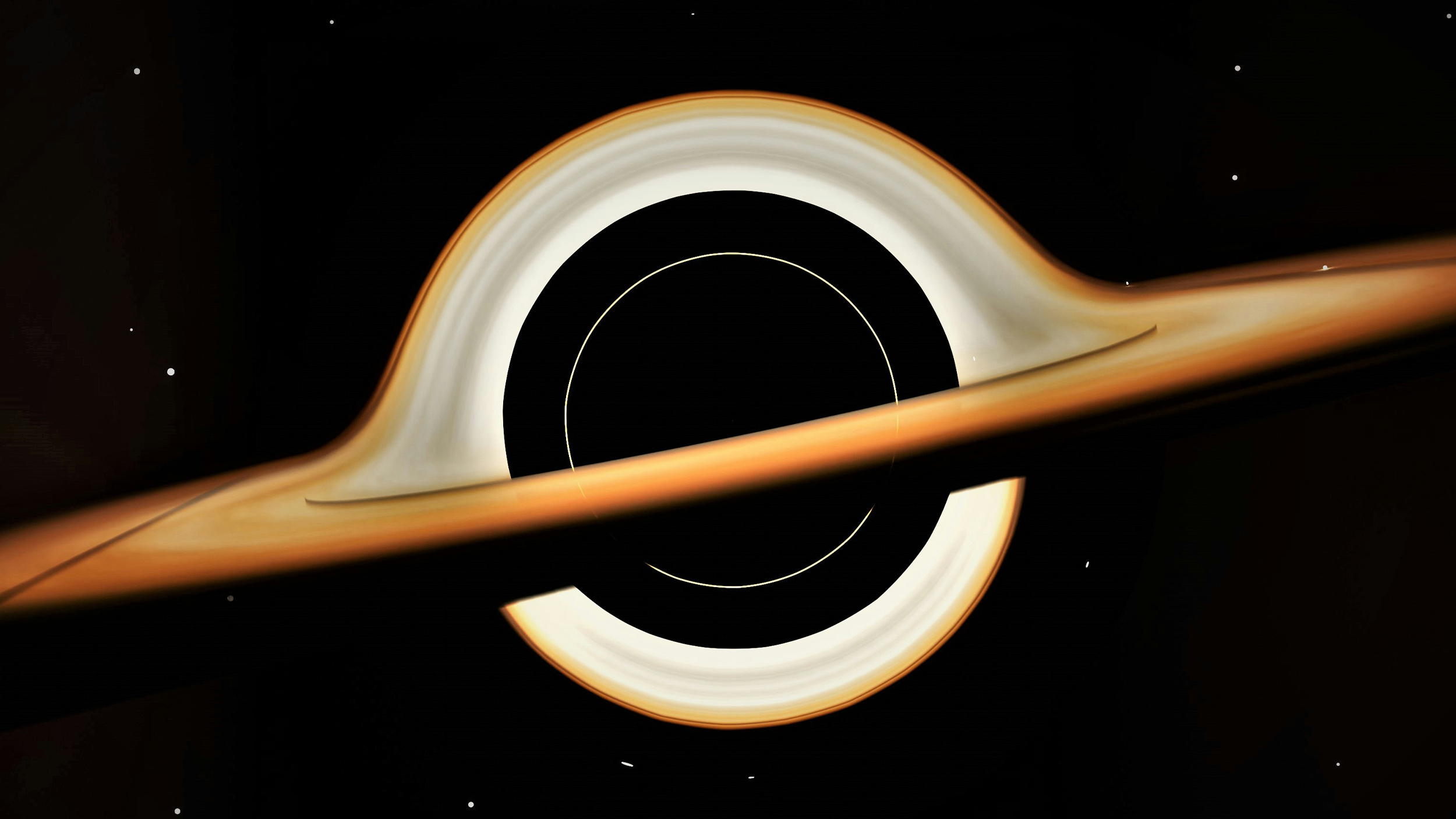 A swirling black hole, prepared to suck in surrounding matter, features a glowing, distorted ring of light against a starry backdrop.