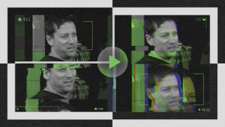 A collage of four glitchy video stills featuring the same man with various dramatic expressions, overlaid with green and purple digital distortion effects. A play button icon rests in the center, hinting at the lessons of hindsight within.