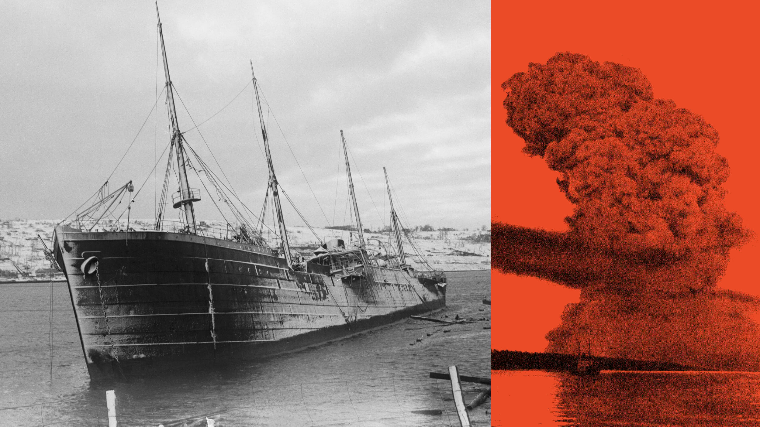 A black-and-white image of a ship in water on the left pairs with a red-tinted photo of a large explosion on the right, capturing the essence of naval catastrophe through expert storytelling.