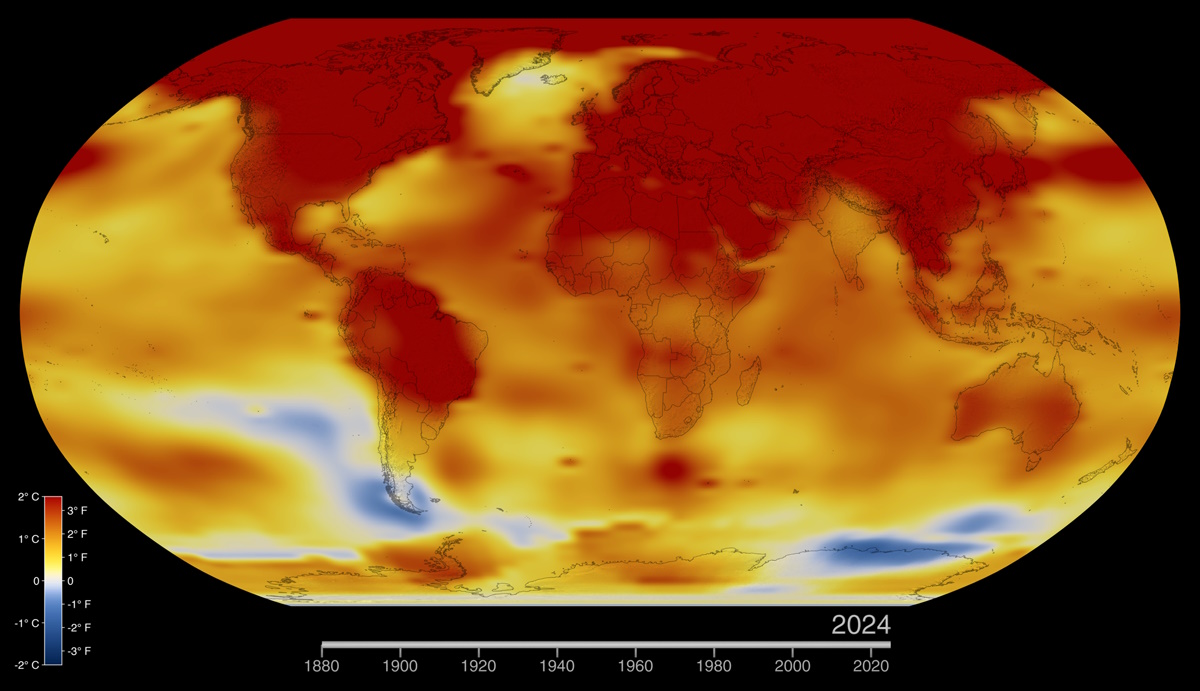 World map showing temperature changes from 1880 to 2024, with warmer regions in red and cooler areas in blue. A timeline runs from 1880 to 2024 at the bottom.