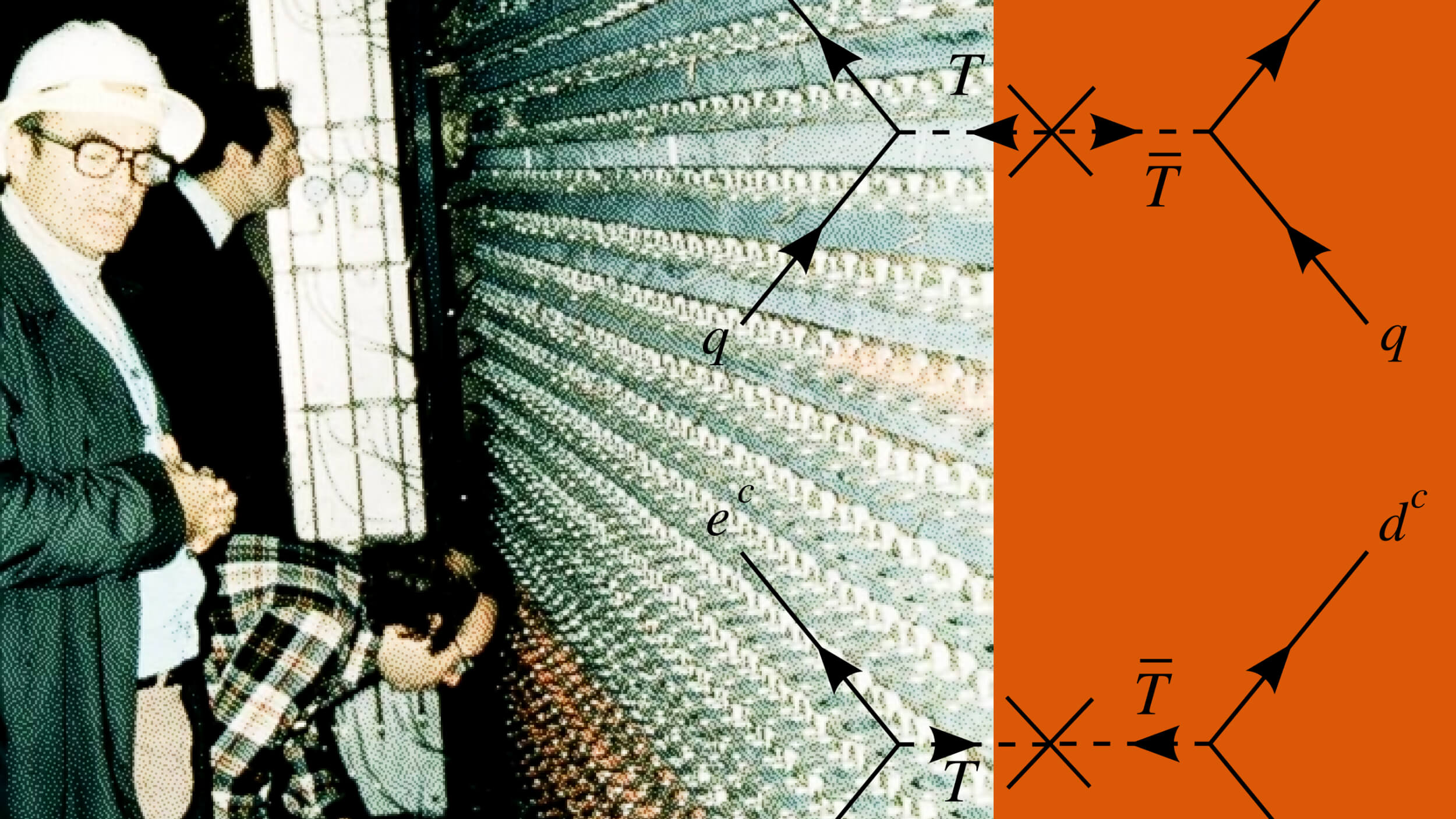 Two individuals examine a large panel of wires and components. Overlaid on the right is a chart with arrows and symbols, possibly depicting a scientific process or experiment.