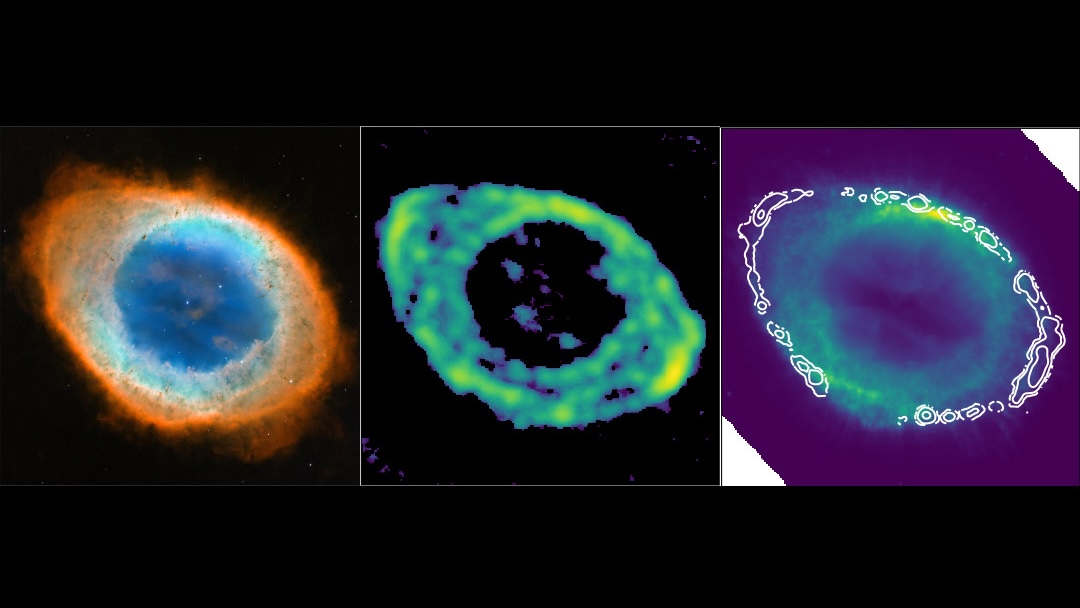 Three images of the Ring Nebula reveal its true shape: visible light (left), infrared (center), and a composite with contour lines (right) showcasing different details of the nebula's intricate structure.