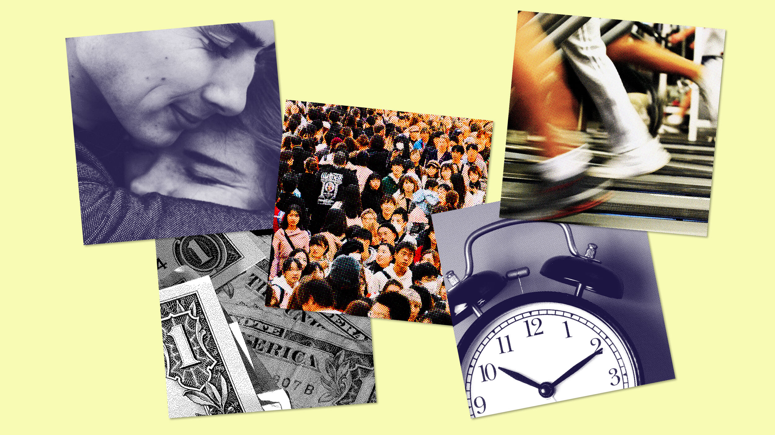 Collage with images of a close embrace, crowded street, running feet, U.S. dollar bills symbolizing wealth, and an alarm clock.