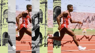 A sprinter in a red tracksuit charges down the track with ultra confidence, accompanied by overlayed graphics of historical photos, numbers, and a line graph on the image.