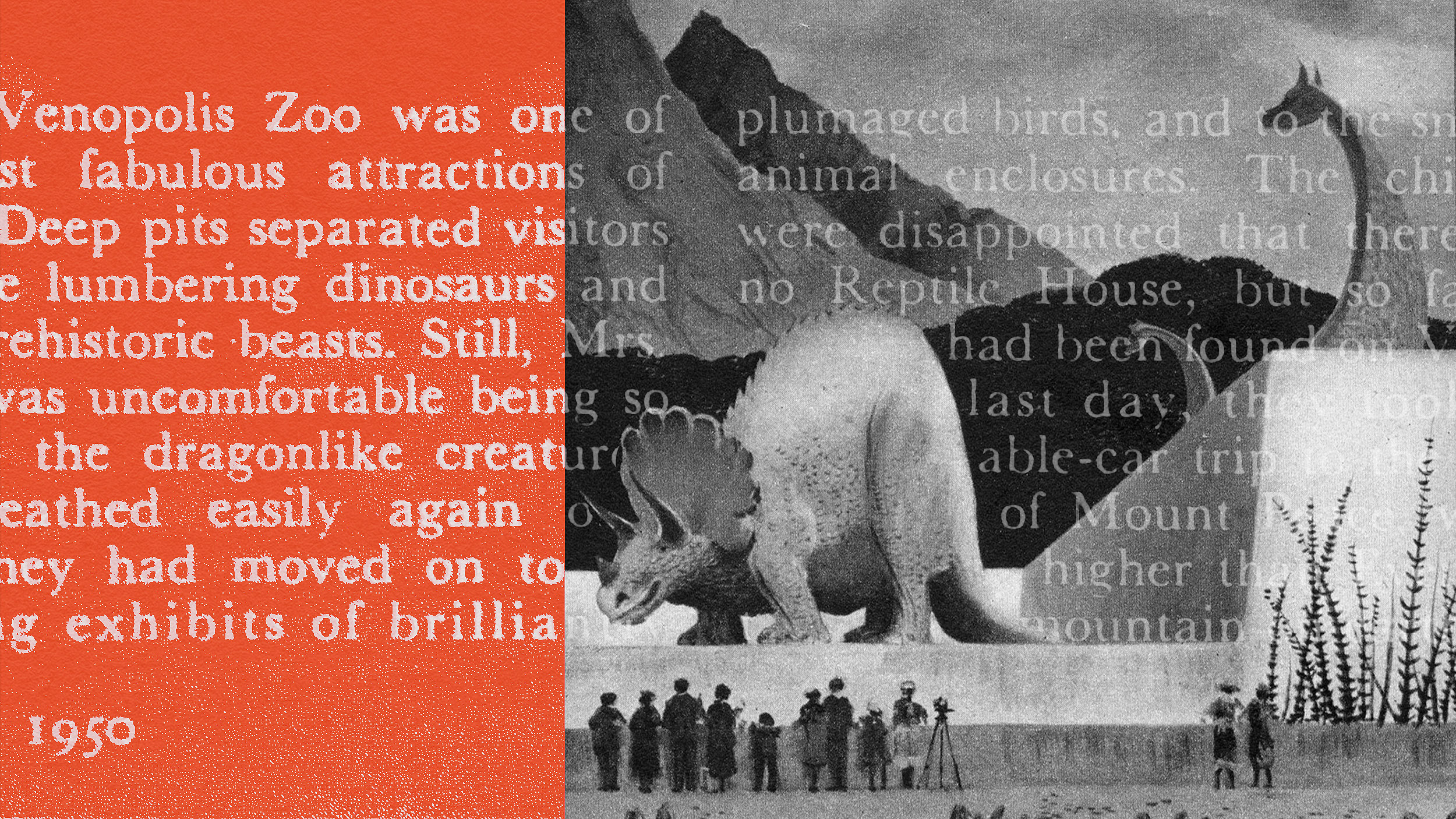 Collaged image of text and a black-and-white scene with a dinosaur and mountainous backdrop. The year "1950" is visible in the bottom left corner.