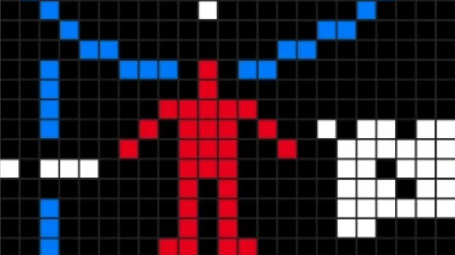 Pixelated red human figure on a black grid background with blue symmetrical curves and white geometric shapes adjacent.